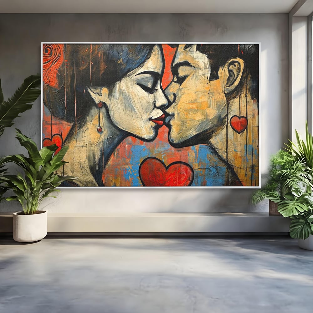 Tablou canvas cu tablou canvas cu sarut pasional, in rama de aluminiu argintiu